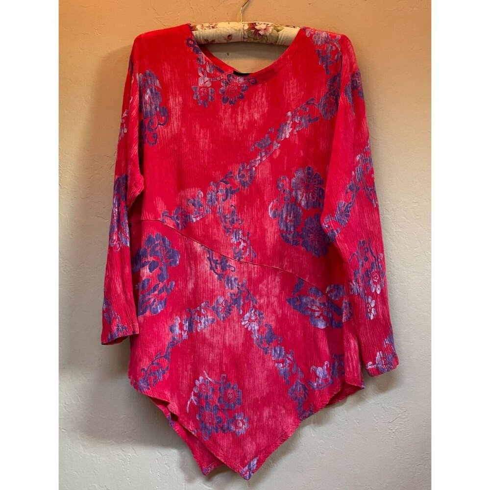 Exotica Womens Red Purple Floral Textured Asymmetric Tunic Top Long Sleeve Rayon